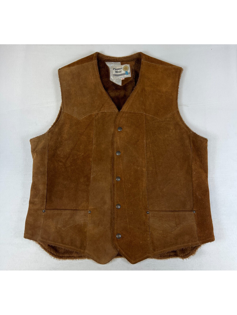 Pioneer Wear Men 44 Brown Suede Shearling Lined Western Vest Vintage Outerwear